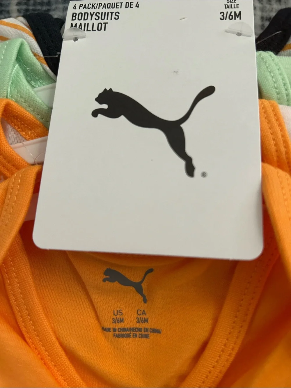 ✅ Puma Baby 4-Pack Bodysuits 3-6M NWT Orange Mint Stripe All-Over Print Logo - Picture 9 of 9